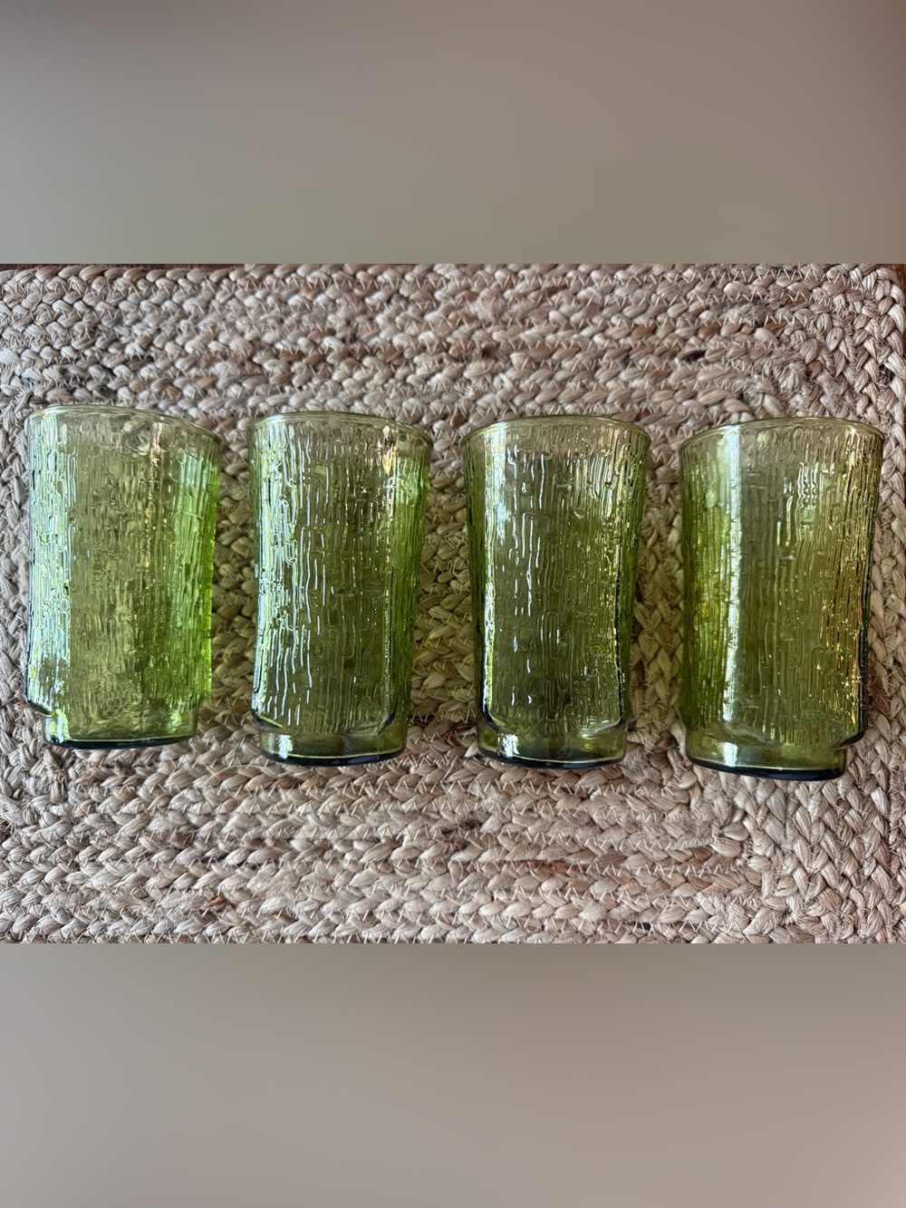 Vintage Anchor Hocking Green Bamboo Pattern Set of 4         12oz cups